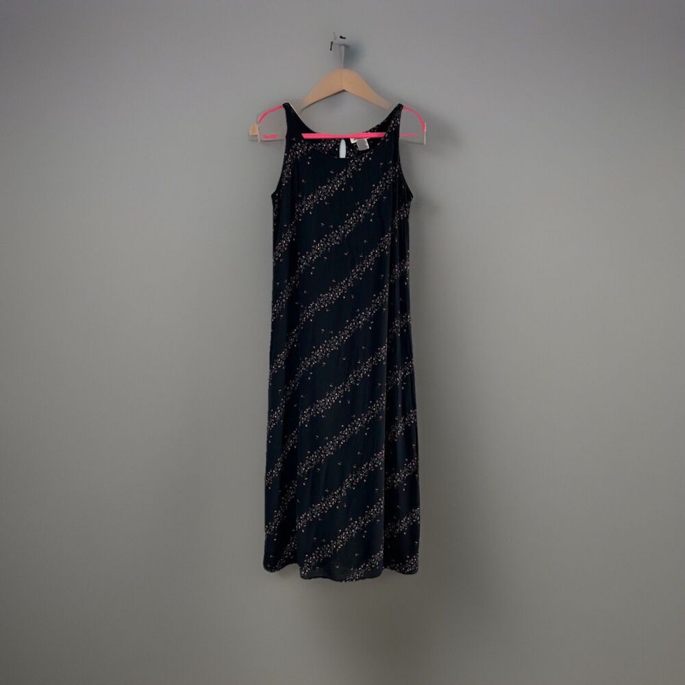 Eddie Bauer Black Floral Midi Dress Petite 16 Romantic Sleeveless y2k
